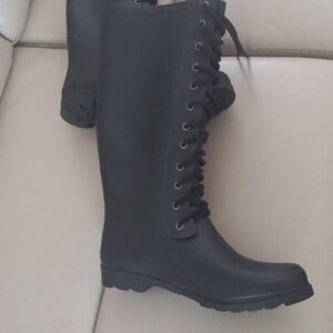 Women's Tall Lace-Up Rain Boots -Matte Black Sz 9